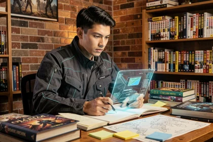 Jeune homme étudiant un système de jeu de rôle avec interface numérique holographique dans un bureau d'étude fantastique