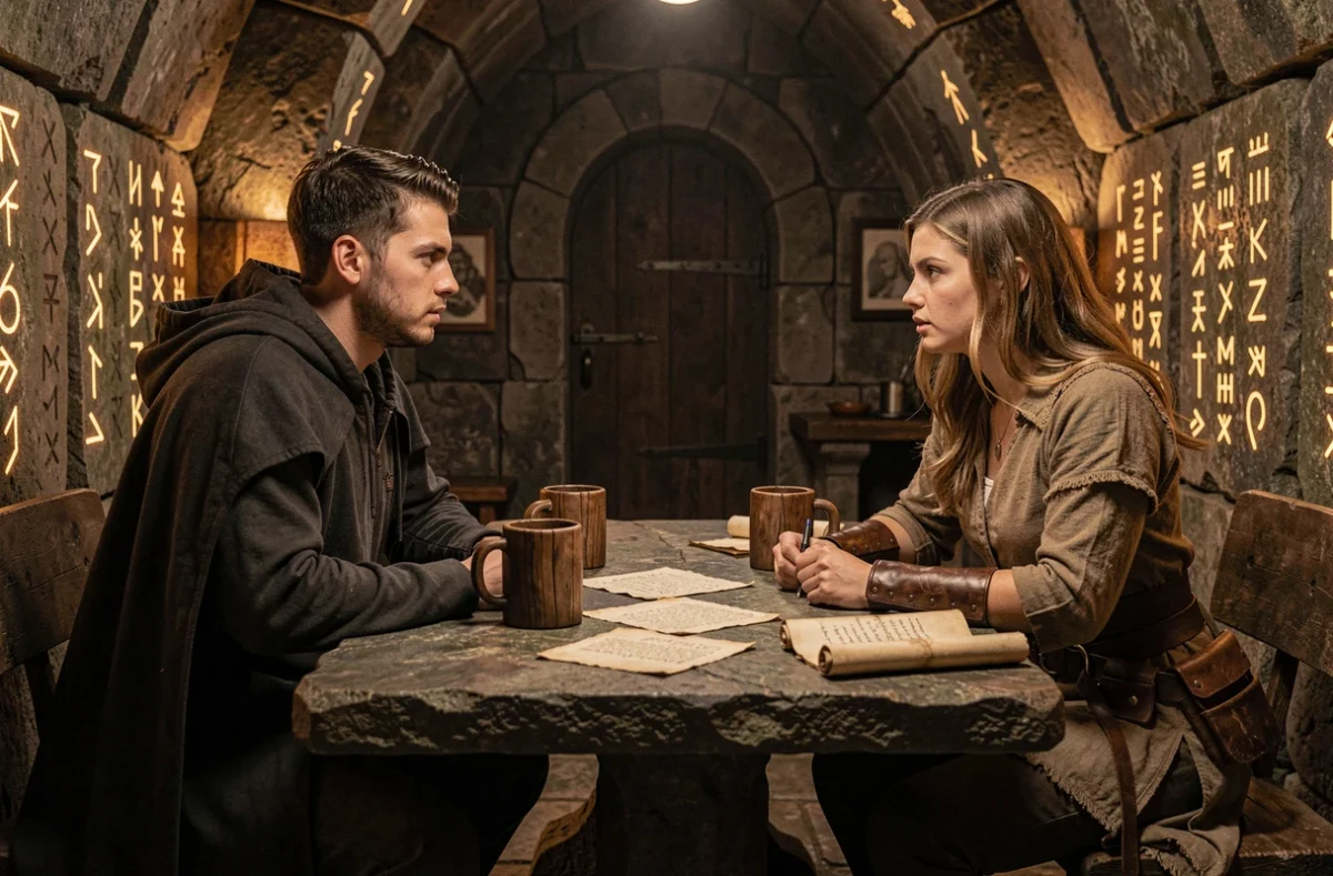 Deux personnages héros discutant de stratégie dans une auberge de fantasy souterraine entourée de runes lumineuses