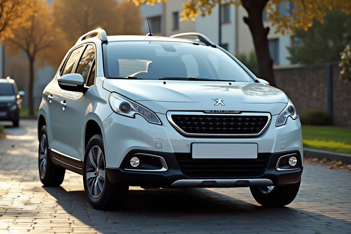 Voiture Peugeot 2008 stationnee en plein air en journee