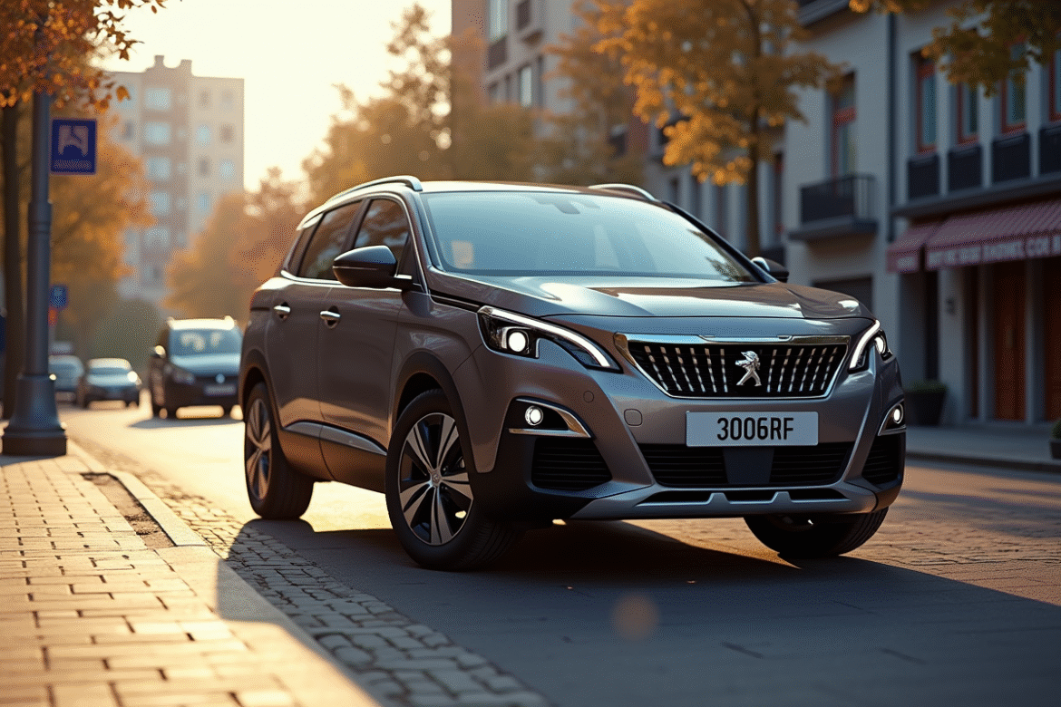 Peugeot 3008 stationnée en ville en plein soleil
