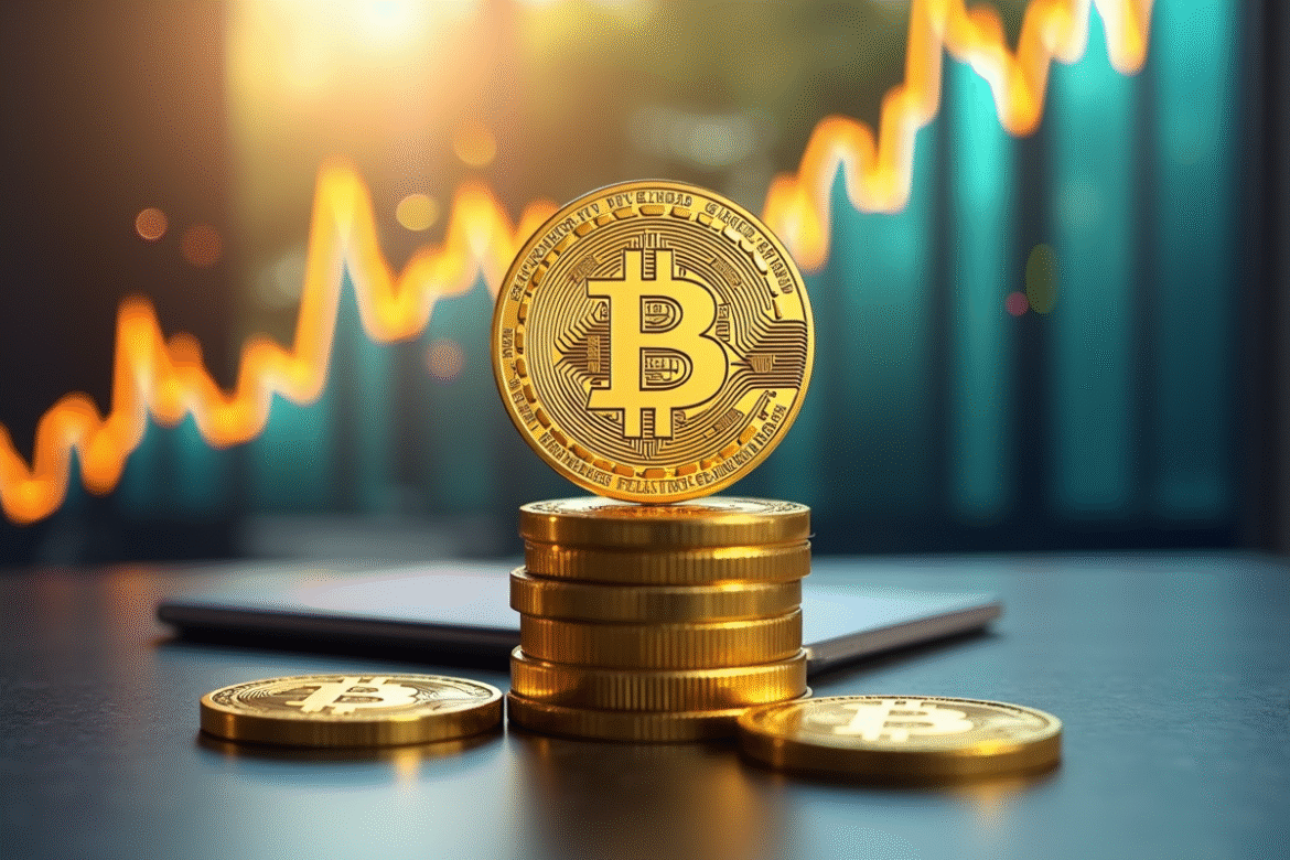 Pièce de crypto dorée sur des pièces et graphique en hausse