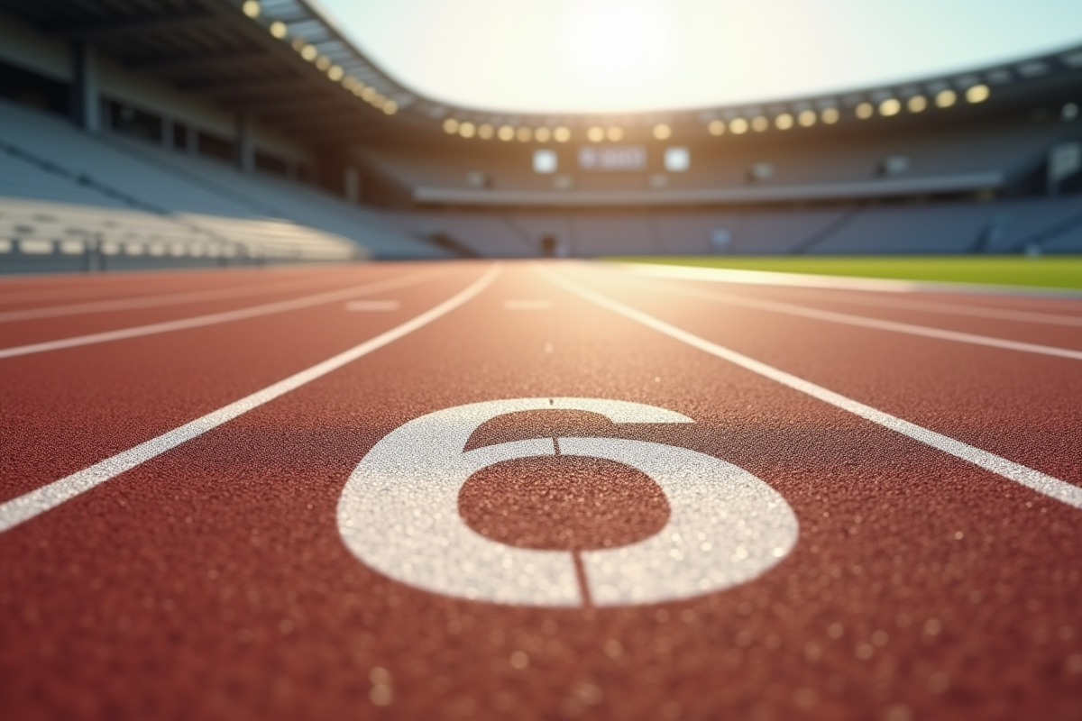 Piste d athlétisme avec le chiffre 6 et panneau de distance en arrière