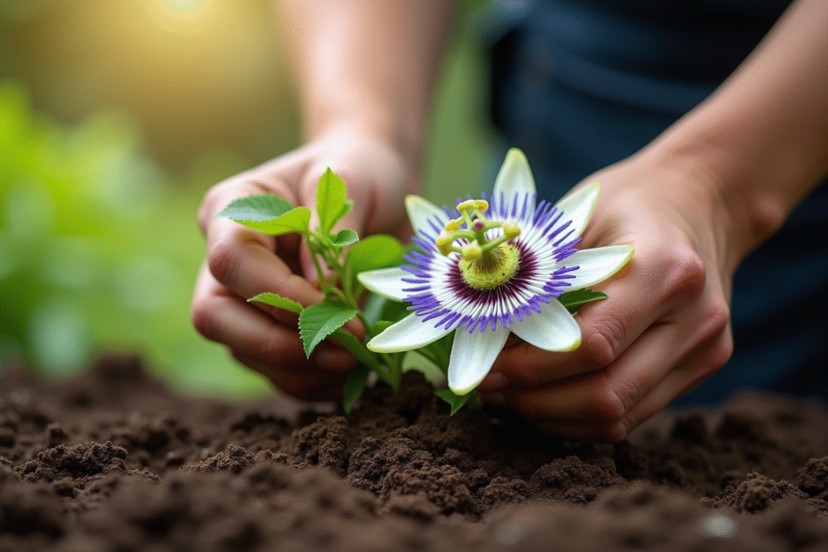 Jardinier plantant une passiflore dans le sol humide en extérieur