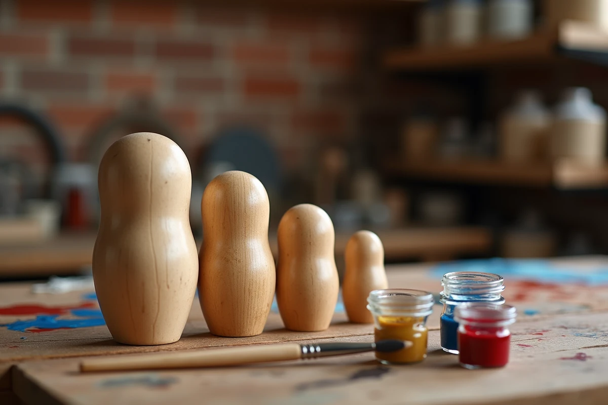 Ensemble de poupées russes en bois brut à peindre disposées sur un établi d'artisan avec des pinceaux et pots de peinture acrylique colorés