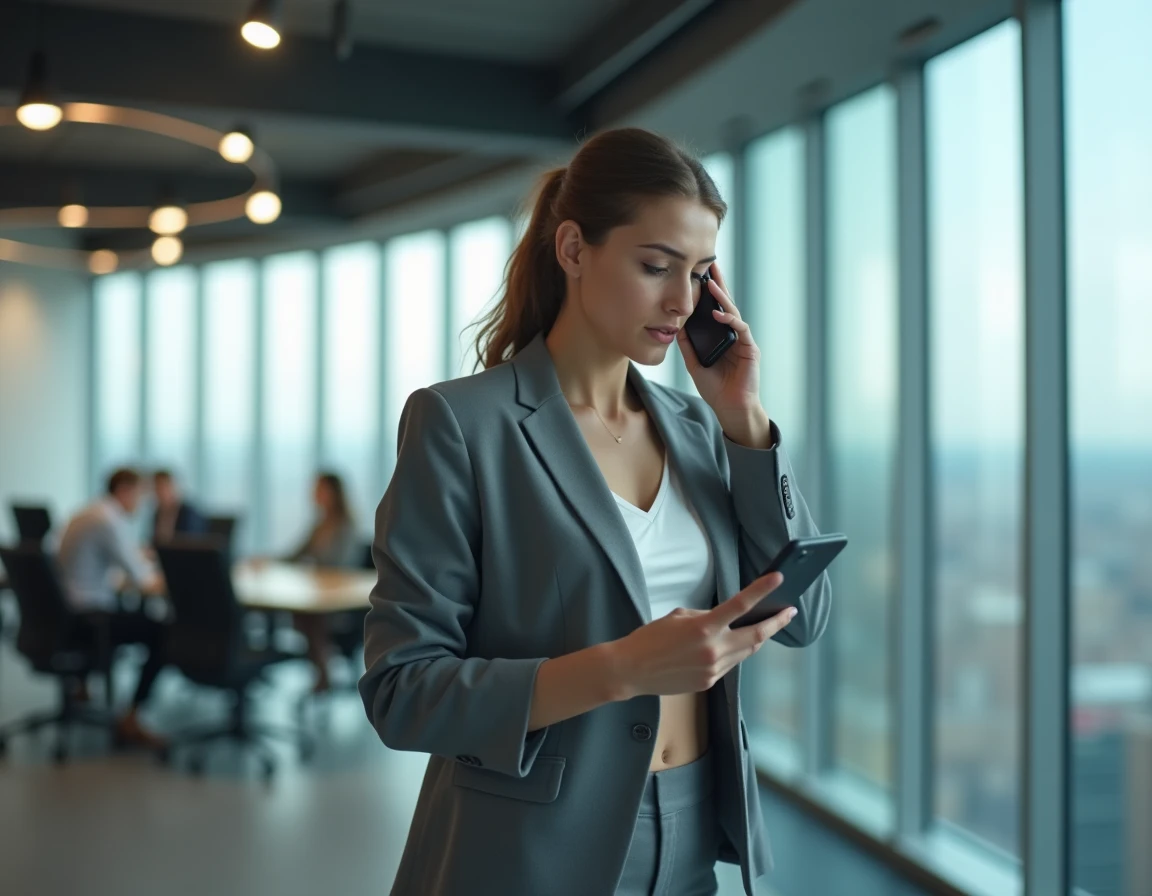 Femme en bureau essayant de téléphoner avec un air perplexe face à un problème réseau ou numéro bloqué