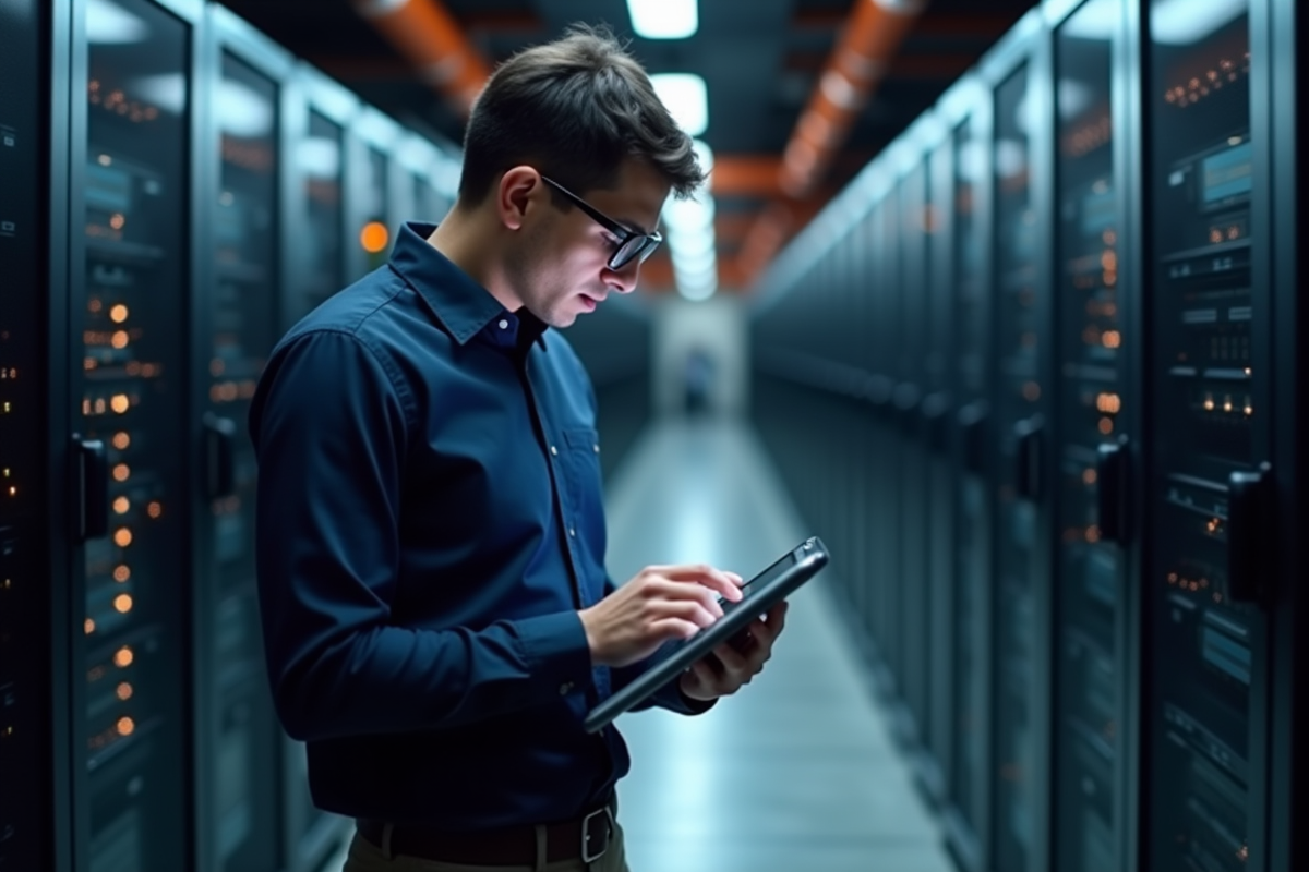 Jeune homme IT gérant des serveurs dans un data center