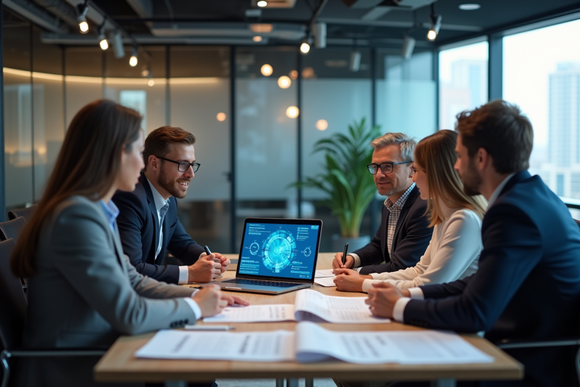 Groupe de professionnels discutant de visualisations blockchain