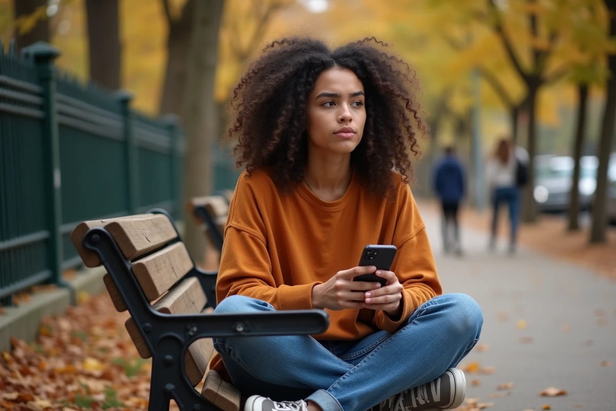 Jeune femme assise seule dans un parc en automne, regard perdu dans le vague, symbolisant la quête d'authenticité et la peur du rejet chez le type ENFJ Protagoniste du MBTI