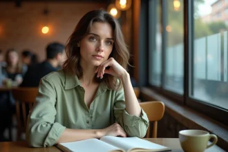 Femme pensive dans un café urbain, tenant un journal intime ouvert, illustrant le dilemme intérieur du type MBTI Protagoniste ENFJ entre authenticité et besoin de plaire