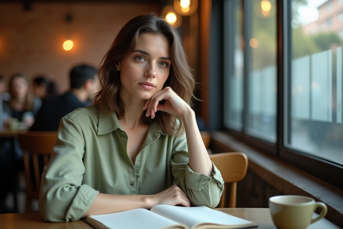 Femme pensive dans un café urbain, tenant un journal intime ouvert, illustrant le dilemme intérieur du type MBTI Protagoniste ENFJ entre authenticité et besoin de plaire