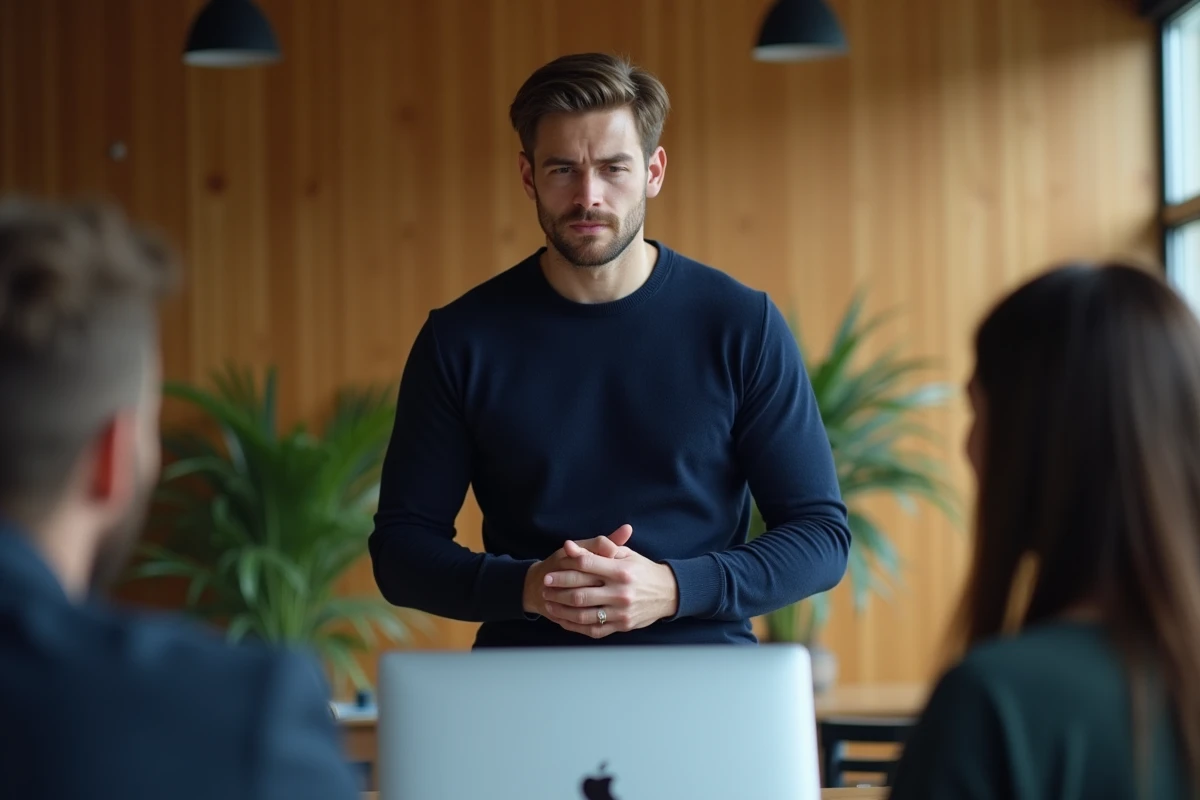Homme en réunion d'équipe dans un bureau moderne, illustrant la tension entre affirmation de soi et désir d'approbation chez le Protagoniste ENFJ selon le MBTI