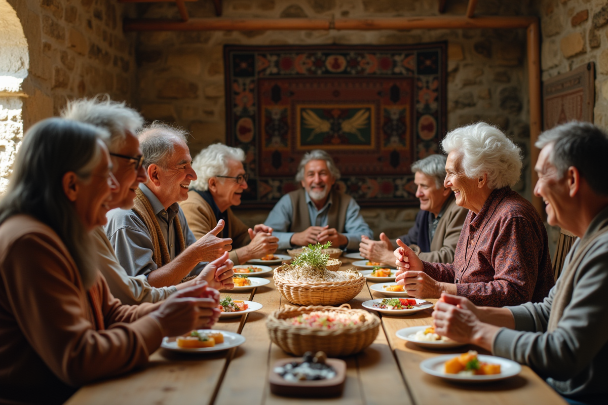 Groupe de personnes diverses partageant un repas convivial