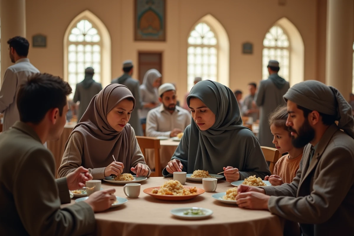 Familles réunies lors d'un repas communautaire dans la salle de la mosquée de Ris-Orangis