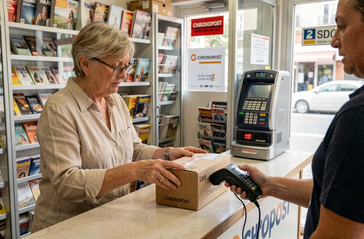 Femme récupérant un colis Chronopost au comptoir d'un bureau de tabac relais