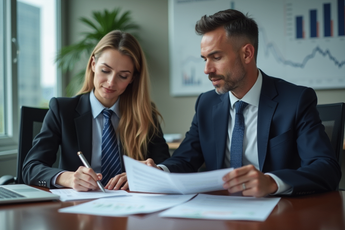 Homme et femme d affaires en réunion dans un bureau moderne