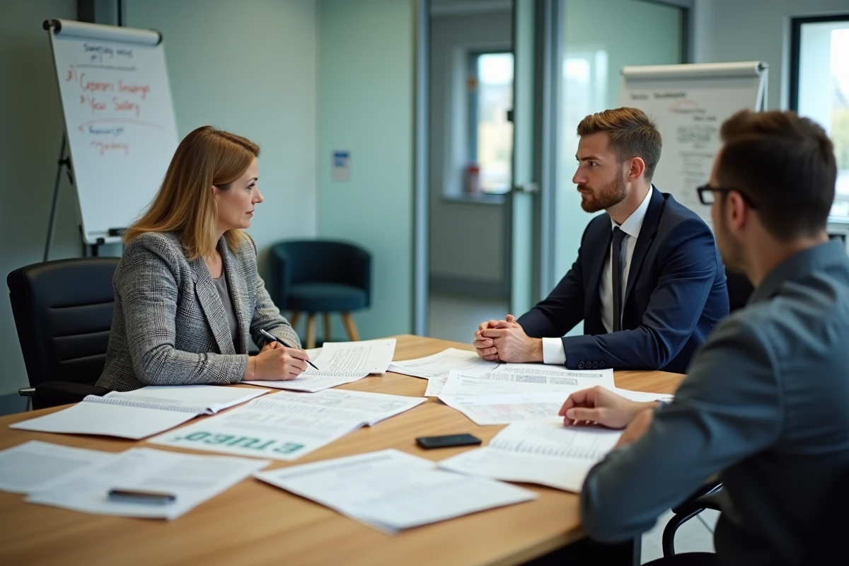 Deux agents territoriaux discutant de la grille de la fonction publique et des droits salariaux autour d'une table de réunion