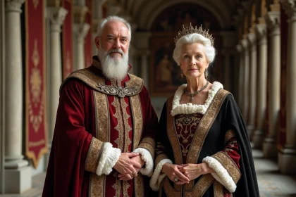 Dignes personnes en costumes Renaissance dans une salle historique