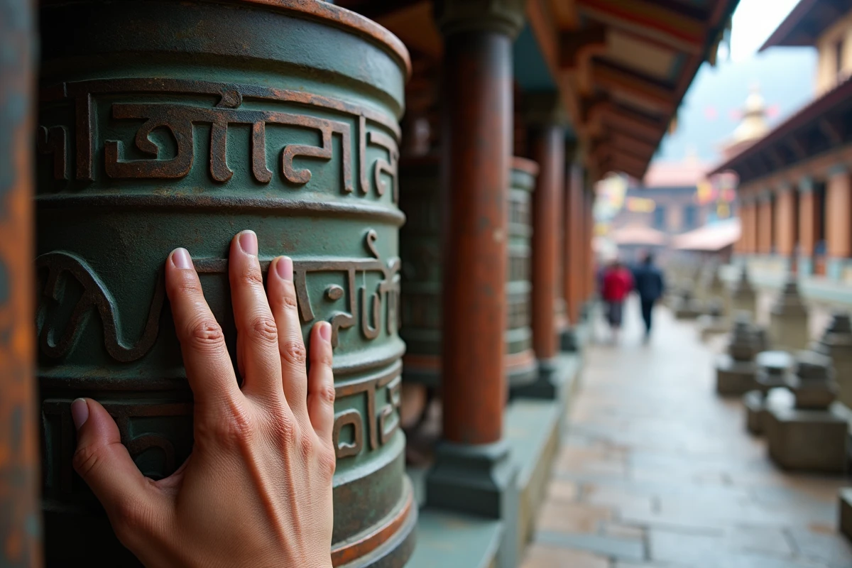 Gros plan d'une roue à prières tibétaine gravée du mantra Om Mani Padme Hum dans un temple himalayen
