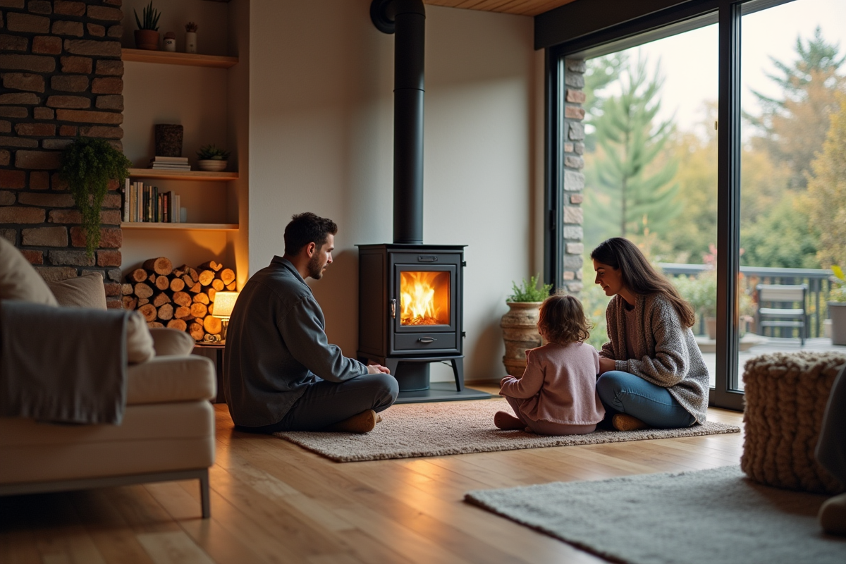 Salon moderne avec famille autour du poêle à bois lumineux