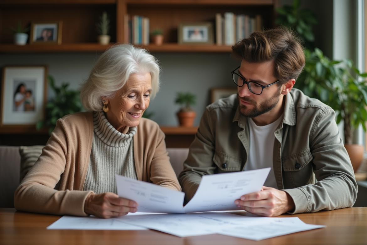 Femme senior et jeune homme examinent des documents d'investissement