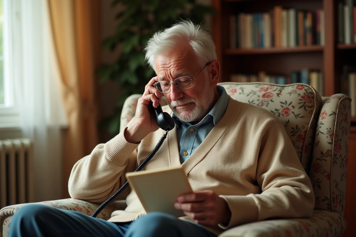 Personne âgée consultant un numéro SVA inconnu avec un téléphone fixe et un bloc-notes