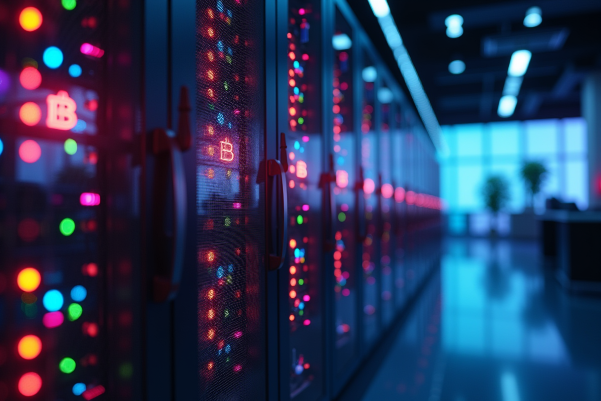 Rack serveur lumineux avec icônes blockchain flottantes en arrière-plan