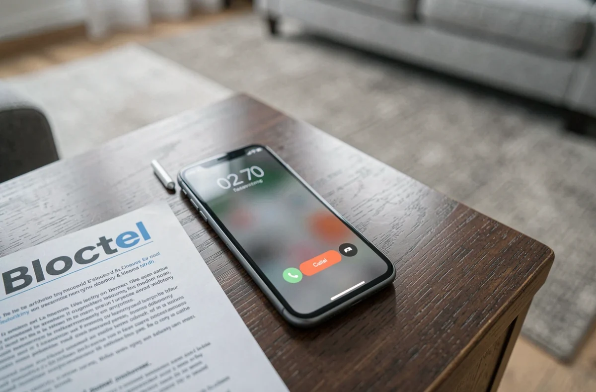 Smartphone affichant un appel entrant en 02 70 posé sur un bureau avec un dépliant Bloctel, vue du dessus