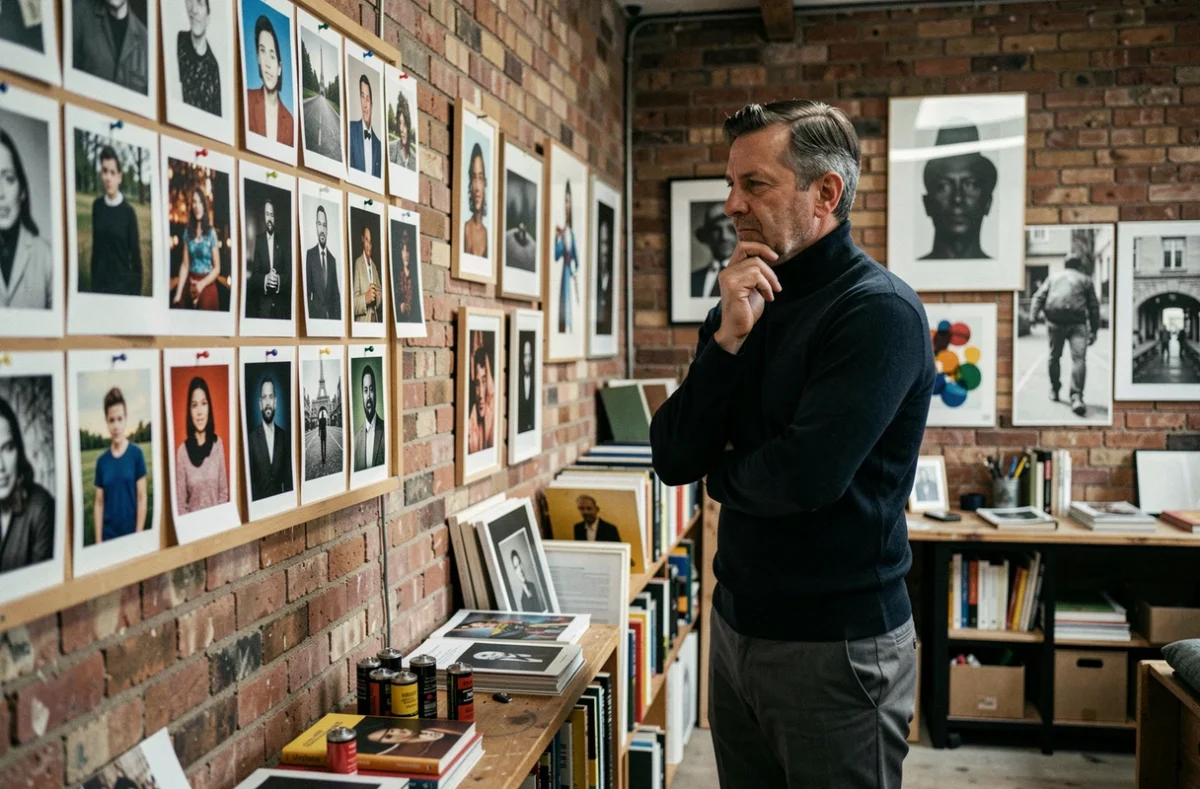 Photographe Stéphane de Luze examinant des tirages artistiques sur un tableau de travail dans son studio créatif de Montreuil