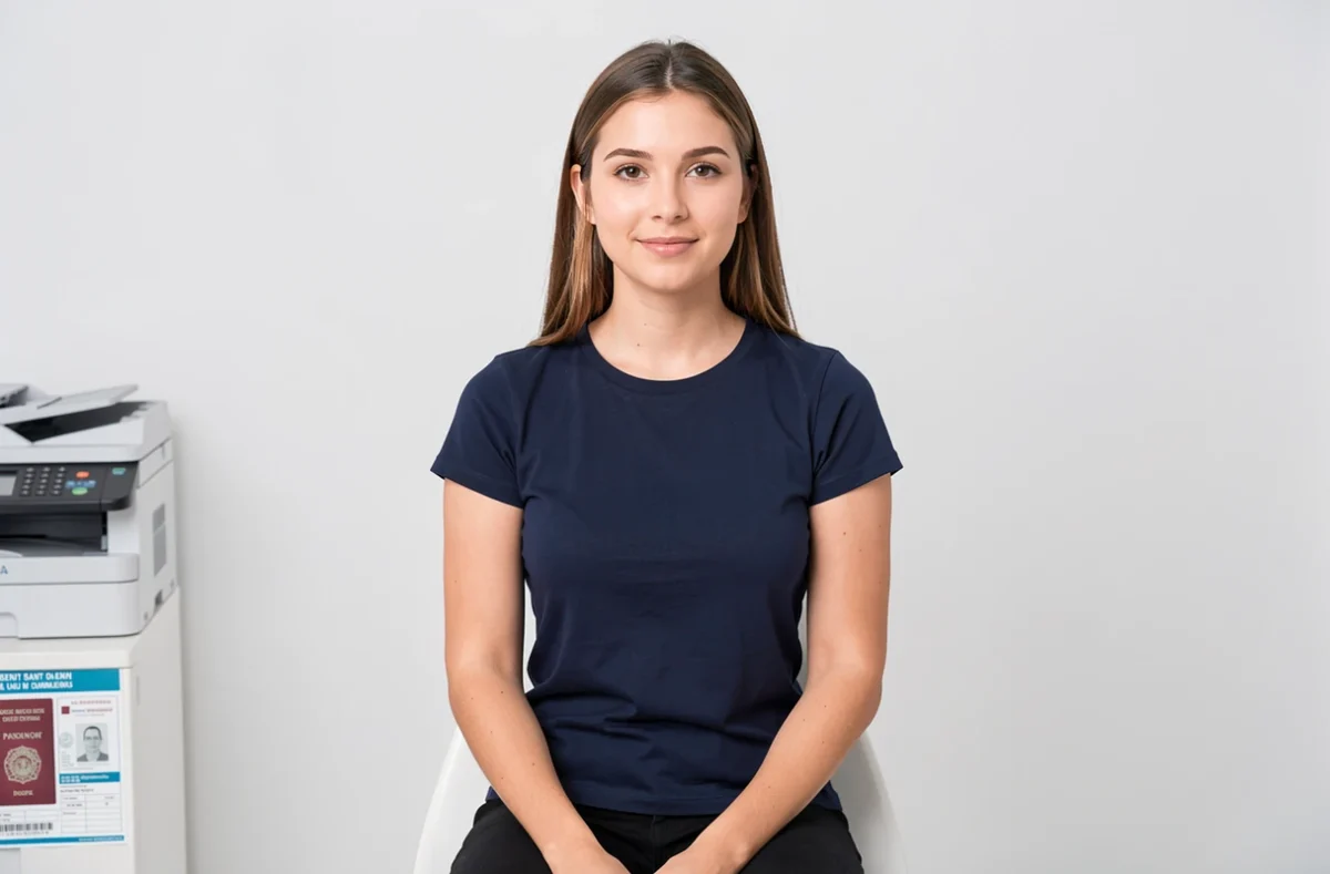Portrait d'identité d'une jeune femme en haut marine dans le studio Studio Esprit Photo à Saint-Denis, fond blanc mat professionnel