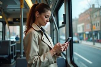 Femme consultant une application de suivi de bus en temps réel sur son smartphone dans un bus urbain moderne