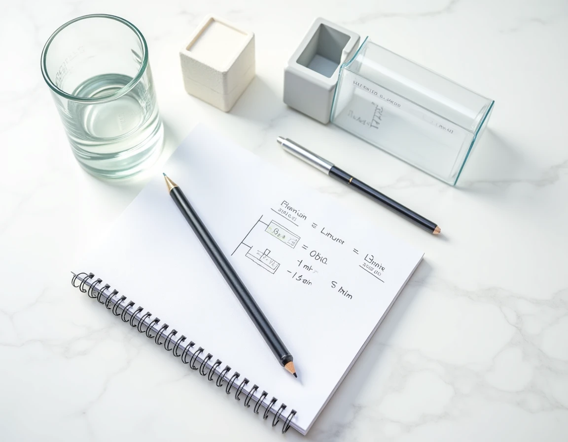 Vue de dessus d'outils de mesure et d'un tableau de conversion litre, centimètre cube et millilitre sur marbre blanc