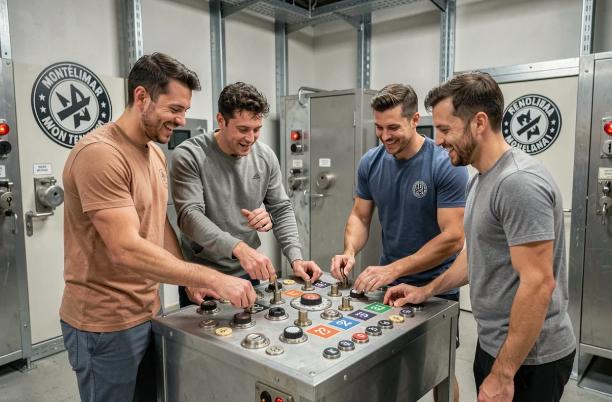Équipe de joueurs en pleine collaboration autour d'une station d'énigmes chez Team Break Montélimar
