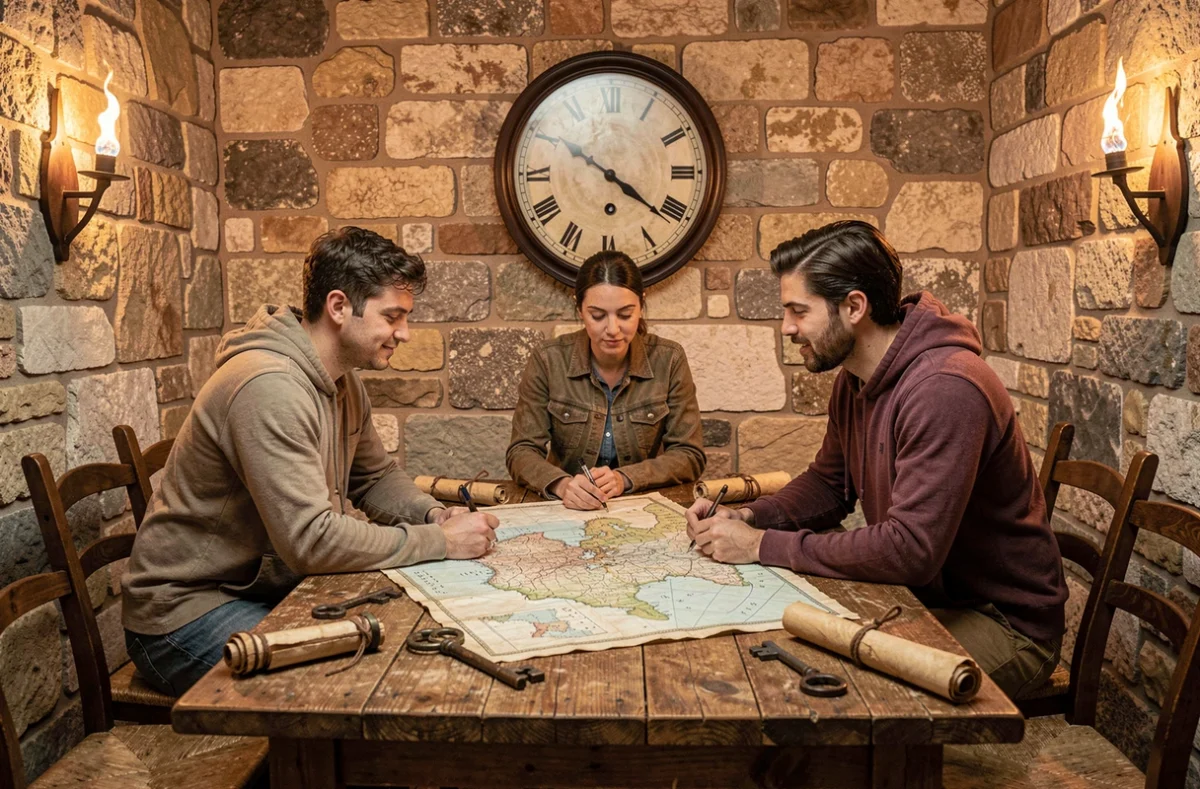 Groupe de joueurs avec des cartes et une horloge de compte à rebours dans la salle Team Quest Escape Game à Montélimar