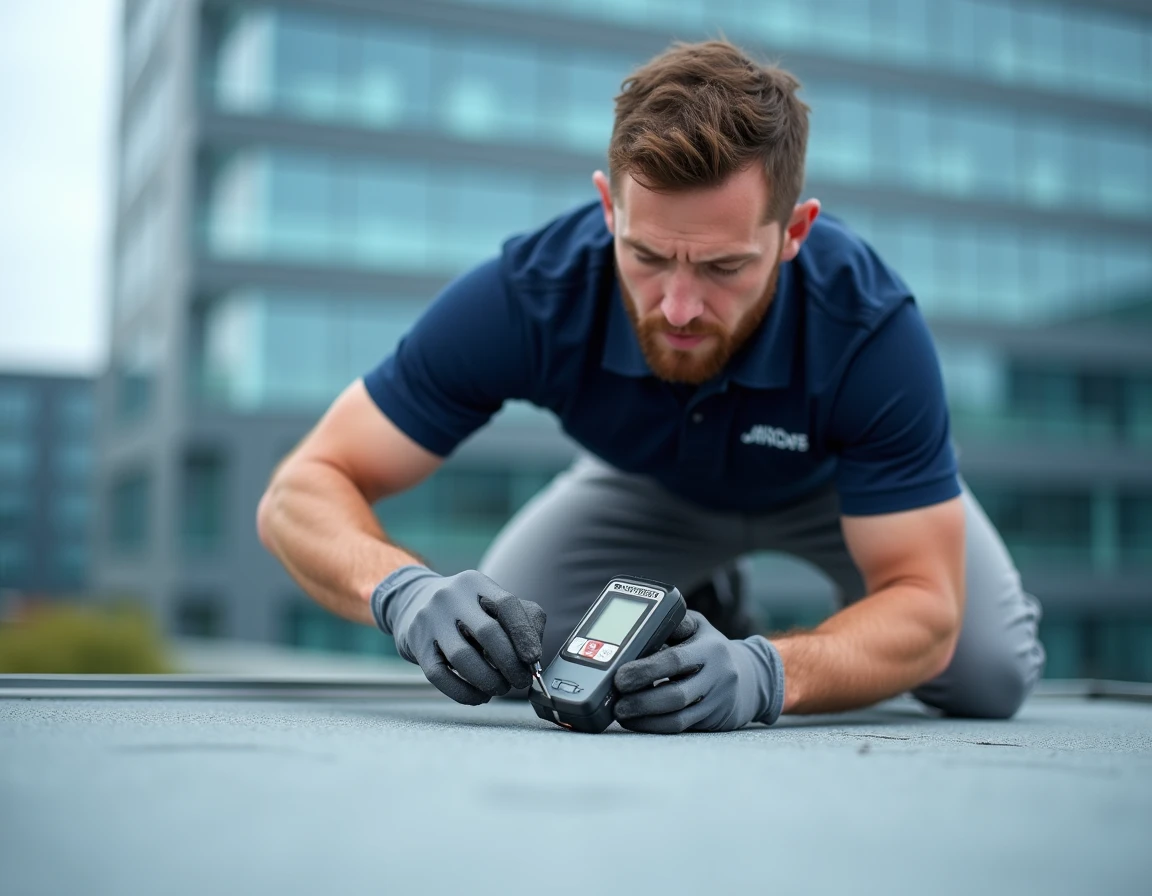 Technicien de TechniBat Solutions inspectant l'isolation d'un toit plat sur un bâtiment moderne à Lyon Part-Dieu