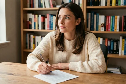 Femme réfléchissant à un test de personnalité type Archange, stylo à la main sur un questionnaire papier dans un bureau chaleureux