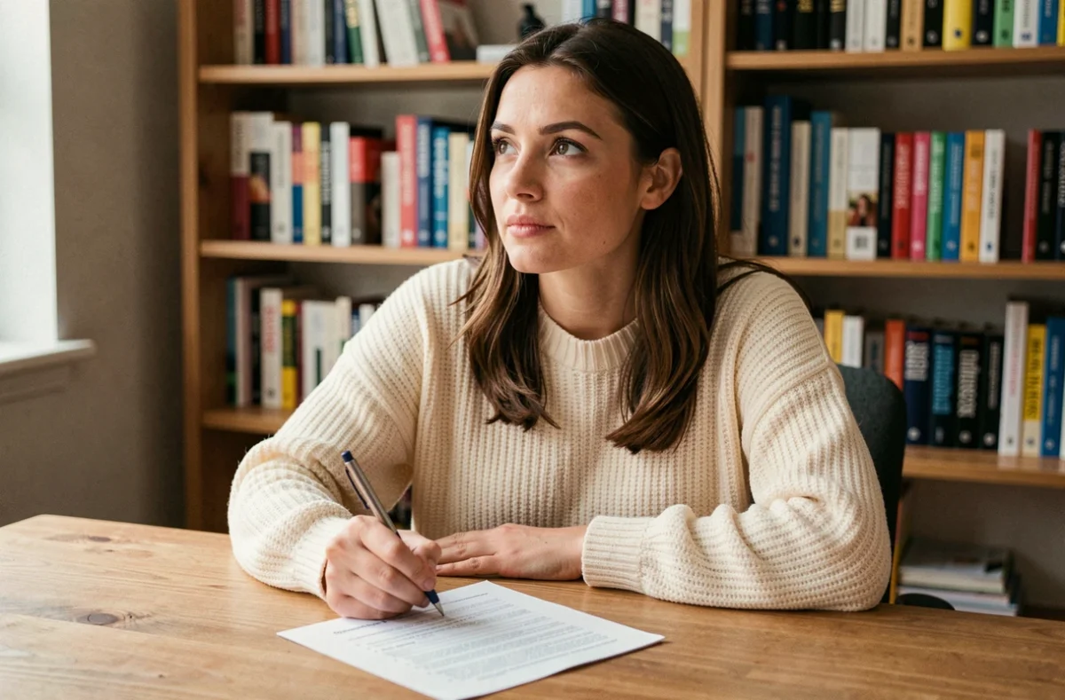 Femme réfléchissant à un test de personnalité type Archange, stylo à la main sur un questionnaire papier dans un bureau chaleureux
