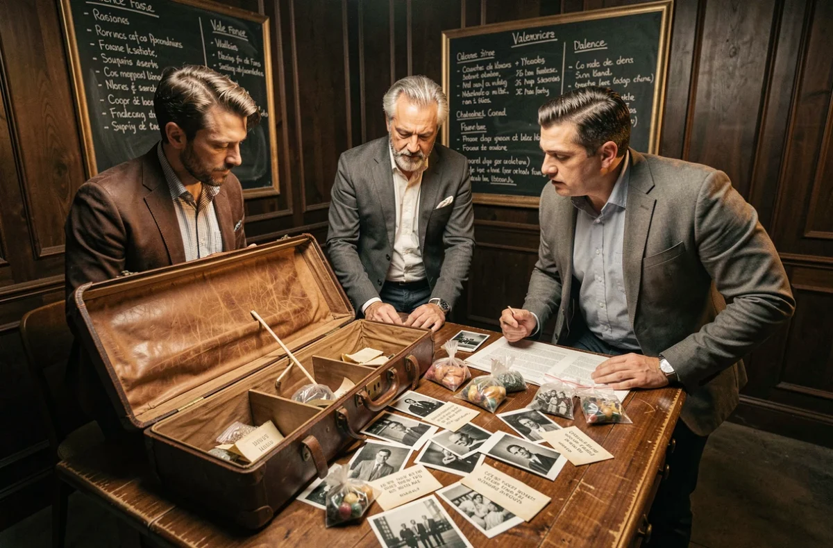 Joueurs autour d'une mallette d'indices ouverte dans la salle d'escape game The Case à Valence
