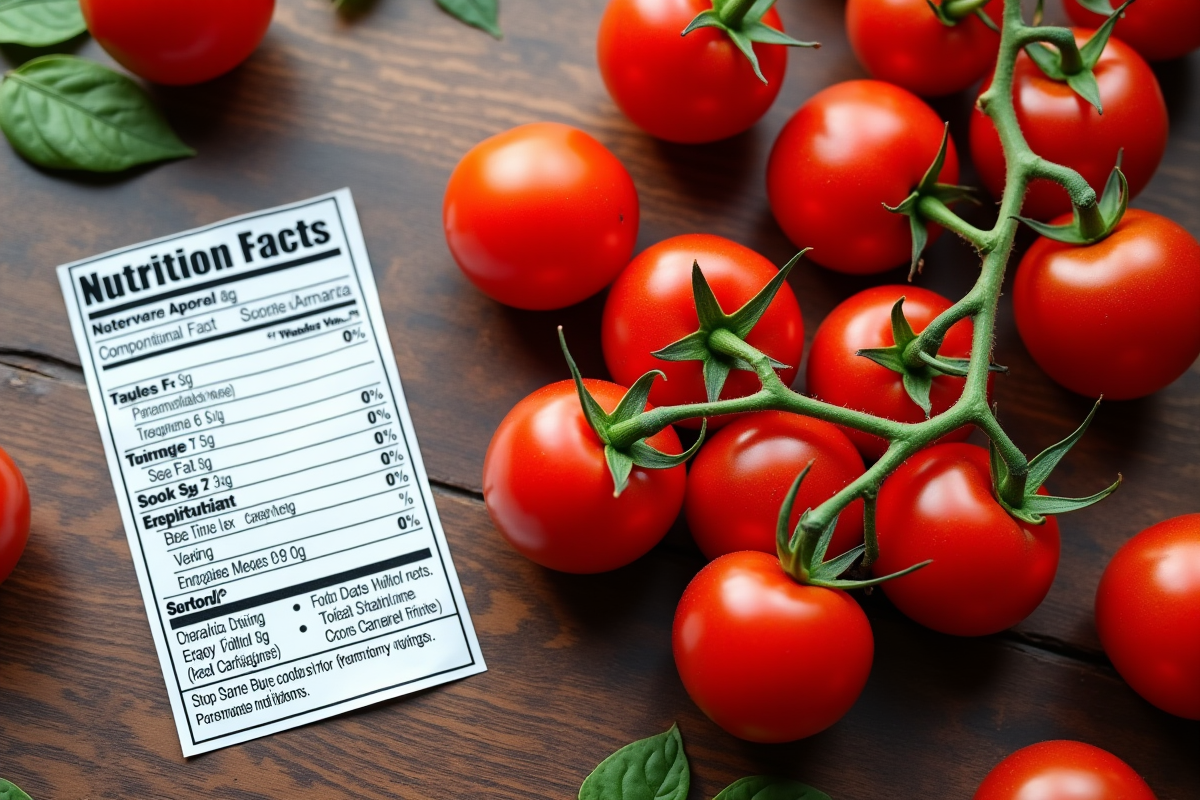 Étiquette de nutrition avec tomates cerises sur une table en bois