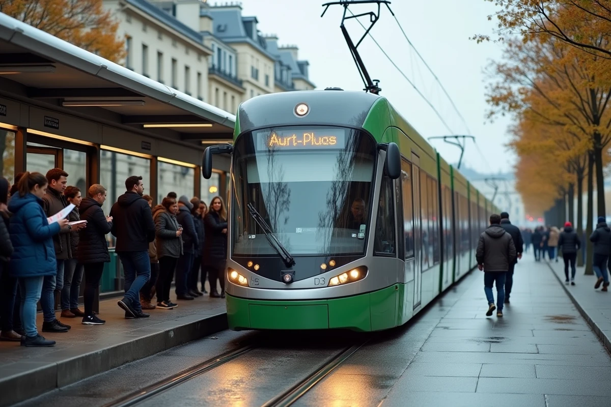 Tramway T3B à l'arrêt sur un boulevard parisien, passagers sur le quai consultant les horaires