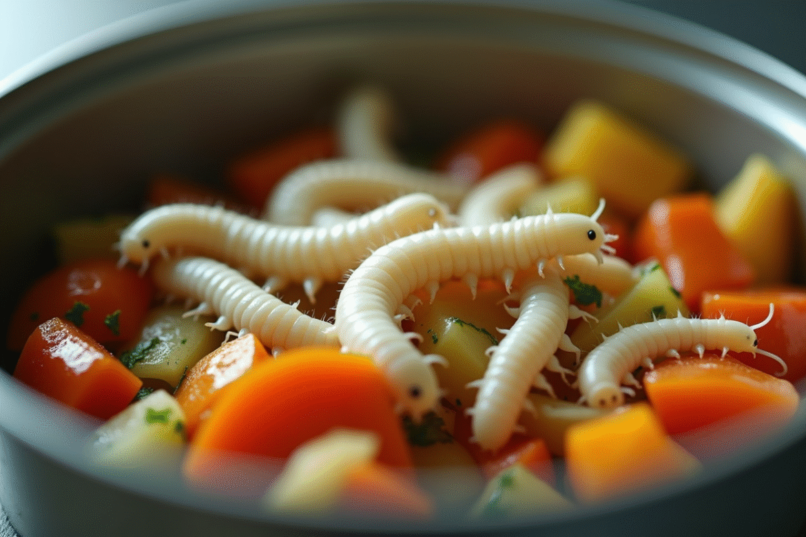 Gros plan de vers blancs sur déchets de cuisine en décomposition