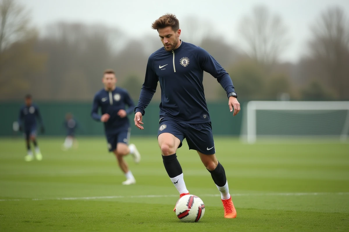 Vladimir Boudnikoff à l'entraînement sur un terrain de football professionnel, dribble et geste technique