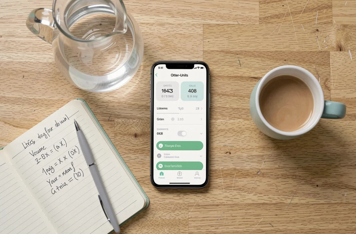 Vue aérienne d'un smartphone avec application de conversion de litres posé sur un bureau en bois avec carafe et carnet de notes